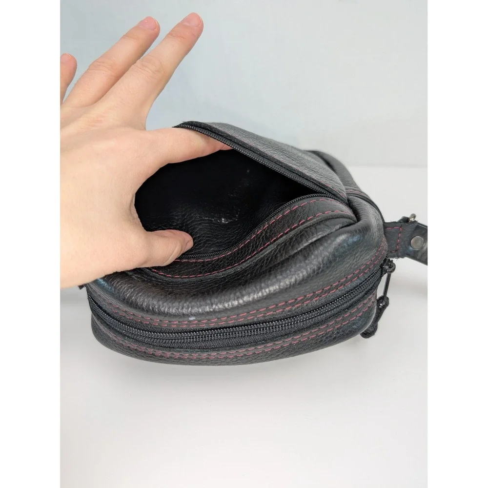 Full Grain Leather Crossbody Bag Purse Black Red Contrast Stitching Messenger